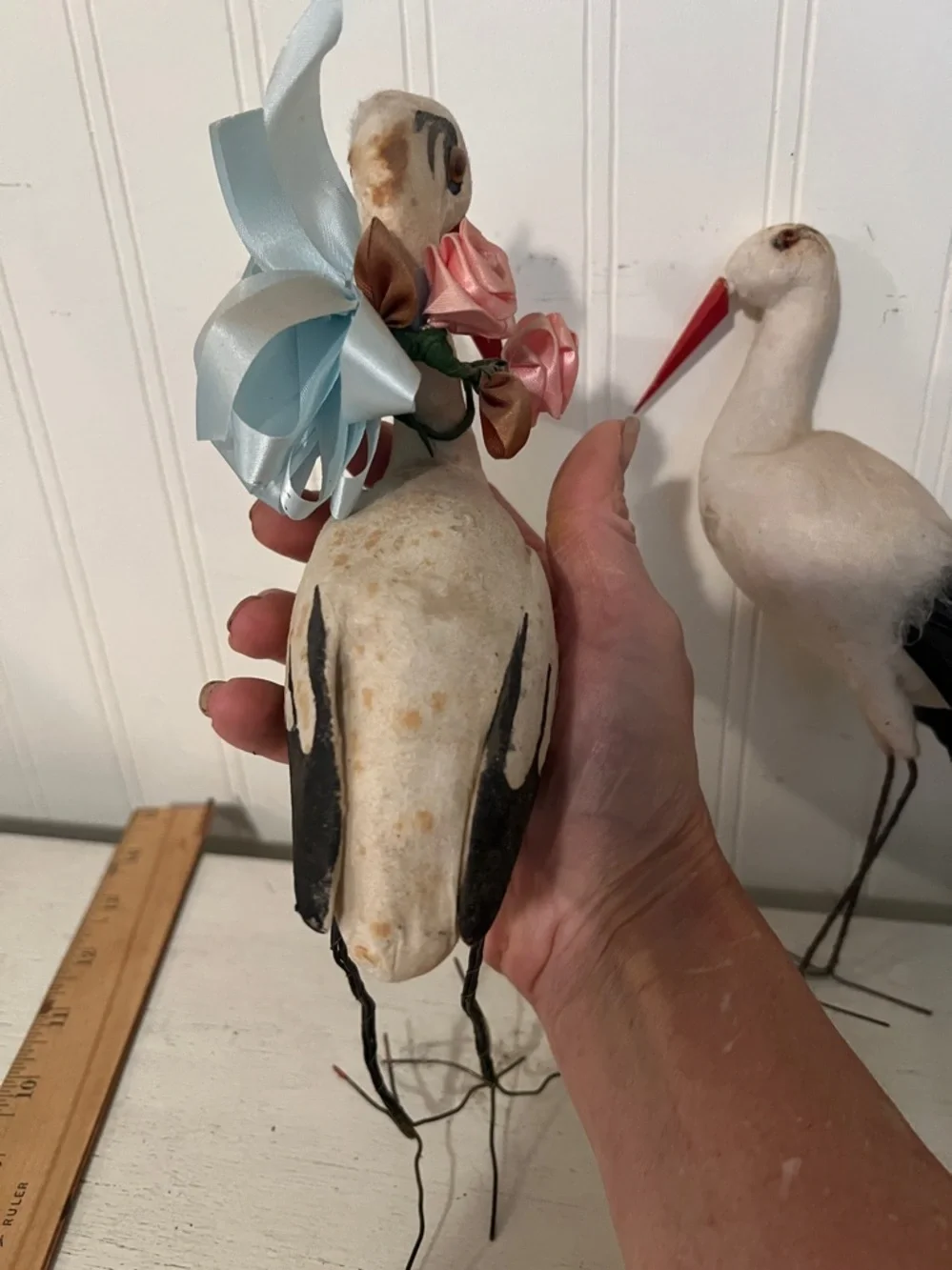 Antique Vintage Spun Cotton Stork Bird Christmas Ornament Germany 1930s plus